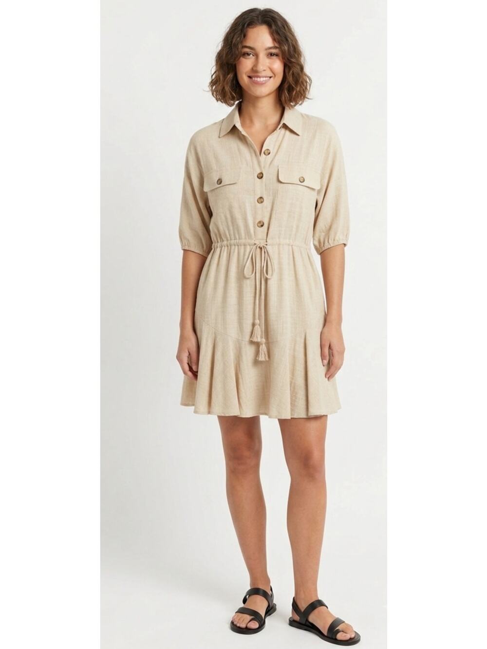 Grace & Karma Linen Blend Utility Mini Dress Size M Beige Button Front Boho NWT‎